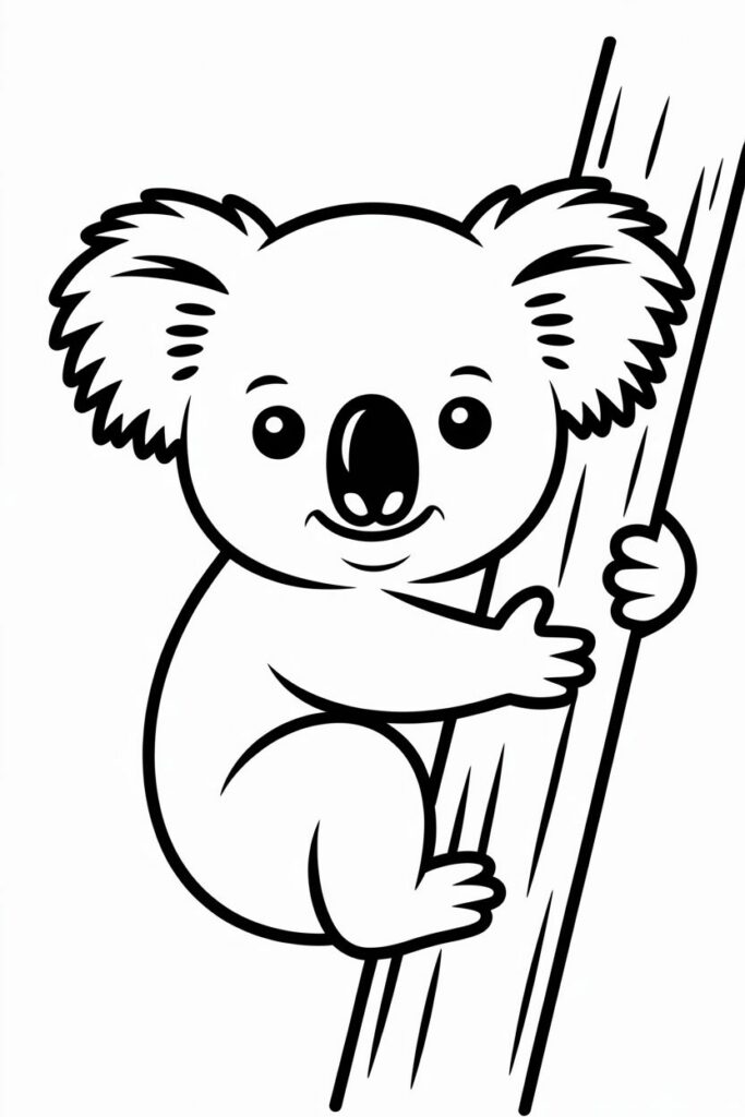 Cute koala hugging a tree coloring page for kids, easy and clean line art.