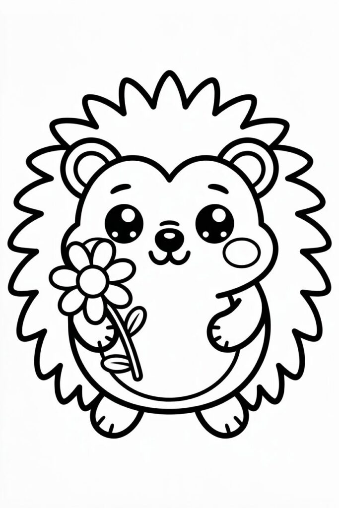 Cute hedgehog holding a flower, kawaii-style coloring page with simple outlines for kids.