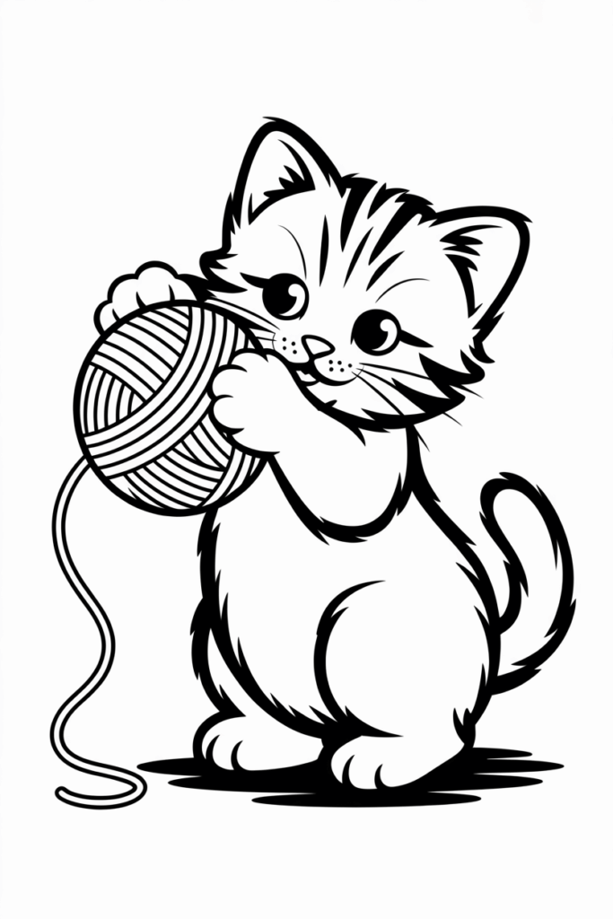Playful kitten holding a yarn ball in its paws.
