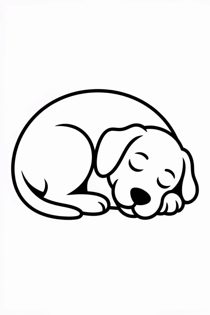 Sleeping puppy curled up – relaxing dog coloring page.