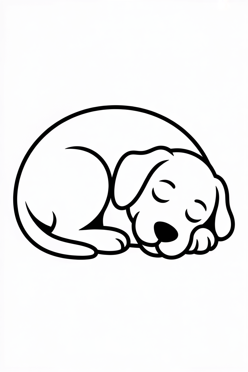 Sleeping puppy curled up – relaxing dog coloring page.