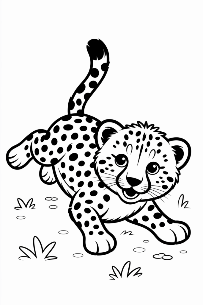 Playful cheetah cub rolling on the grass, fun and easy coloring page for kids to print and color.