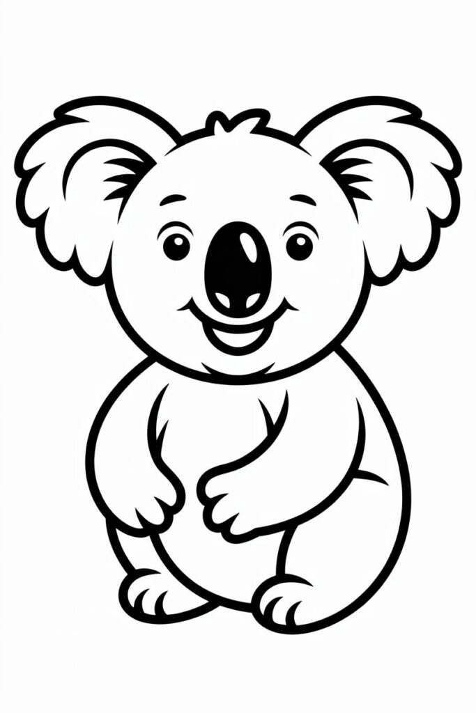 Smiling koala sitting coloring page, easy and clean for children.