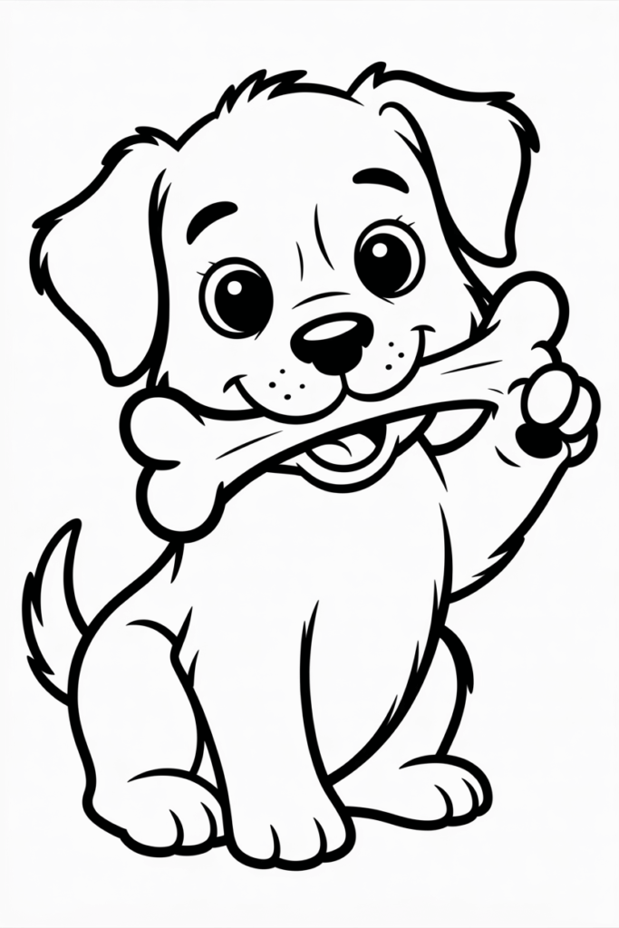 Playful puppy holding a bone – dog coloring page printable.