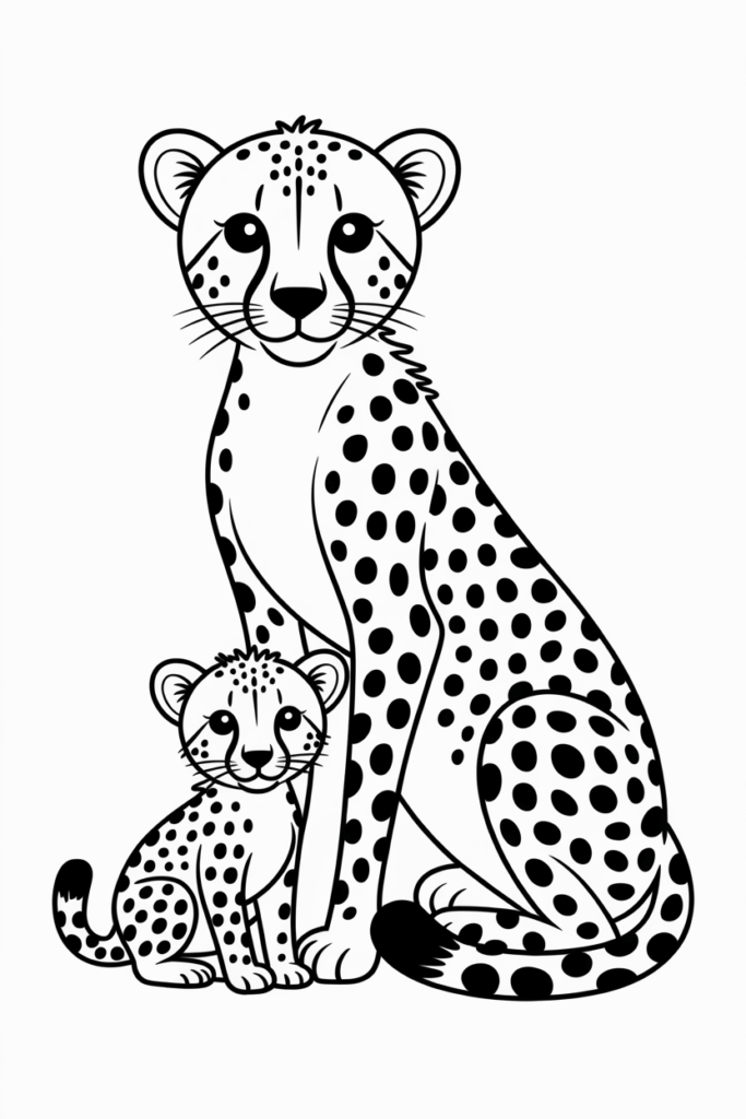 Cheetah mother and baby sitting together, heartwarming coloring page for children.