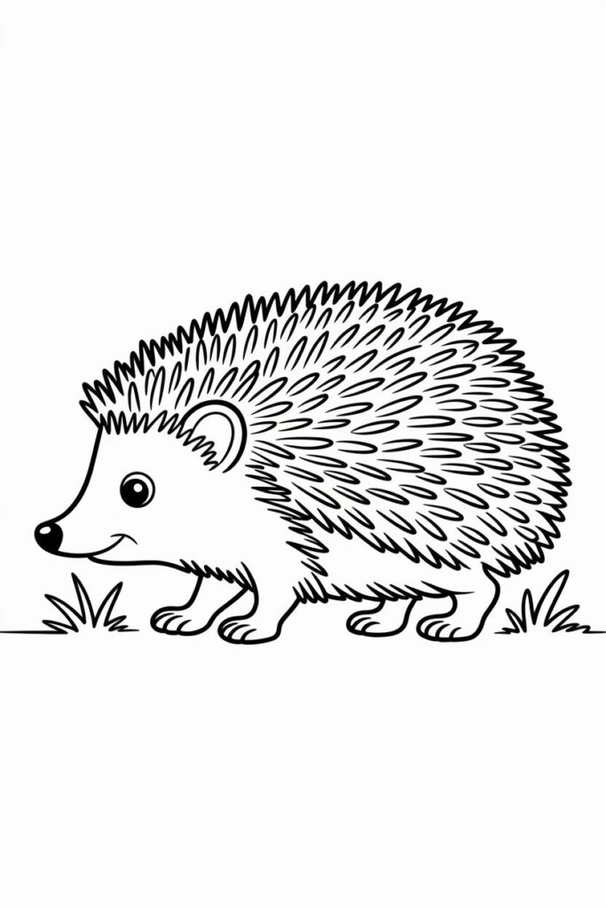 Simple hedgehog walking through grass, minimal line drawing coloring page for young artists.