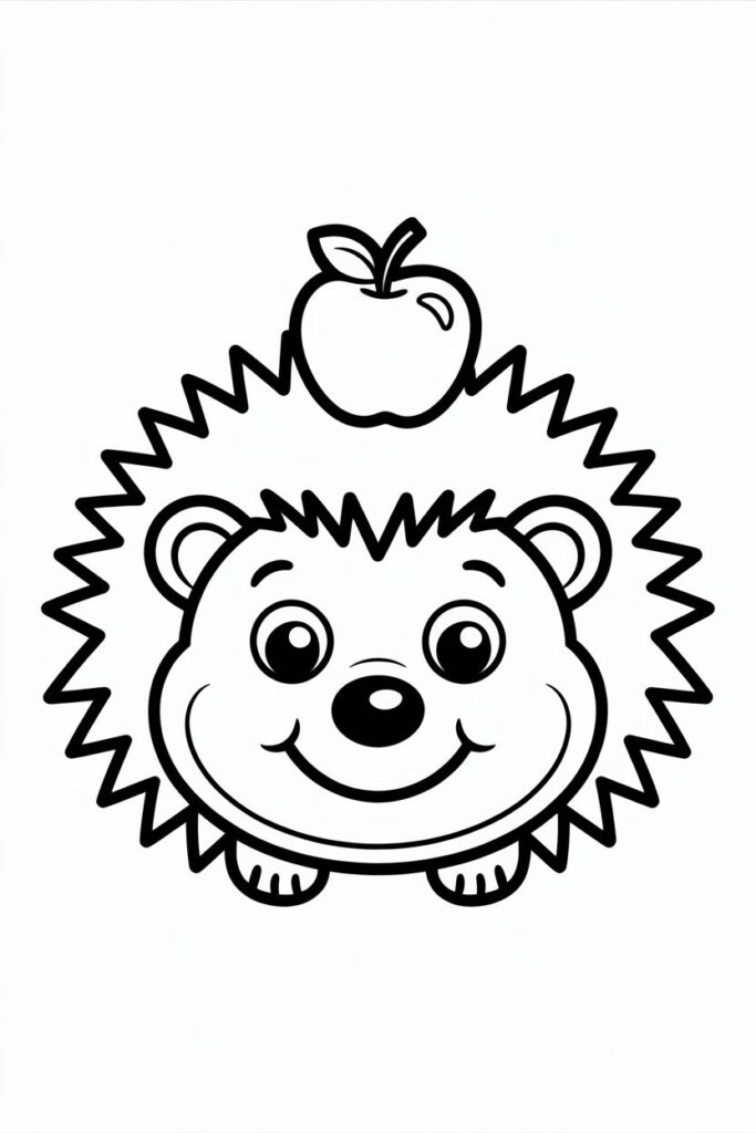 Adorable hedgehog with an apple on its head, easy coloring page for children with bold outlines.