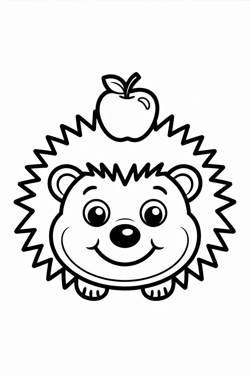Adorable hedgehog with an apple on its head, easy coloring page for children with bold outlines.