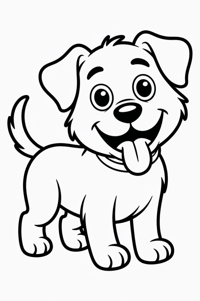 Happy dog wagging its tail – fun coloring page for children.