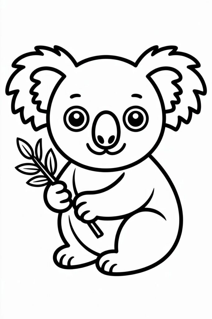 Koala with eucalyptus leaves coloring page, simple and fun.