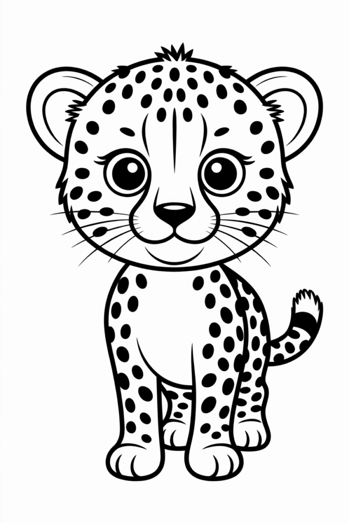 Baby cheetah standing with a friendly smile, easy coloring page for preschool kids.