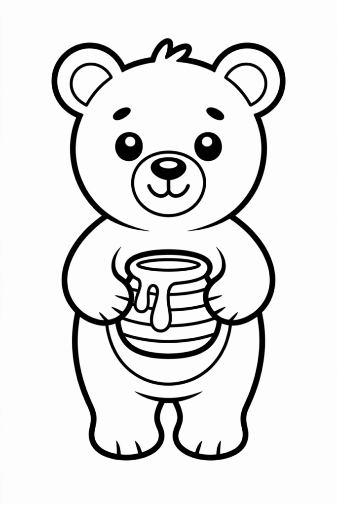 Cute bear holding a honey pot – fun coloring page for kids.