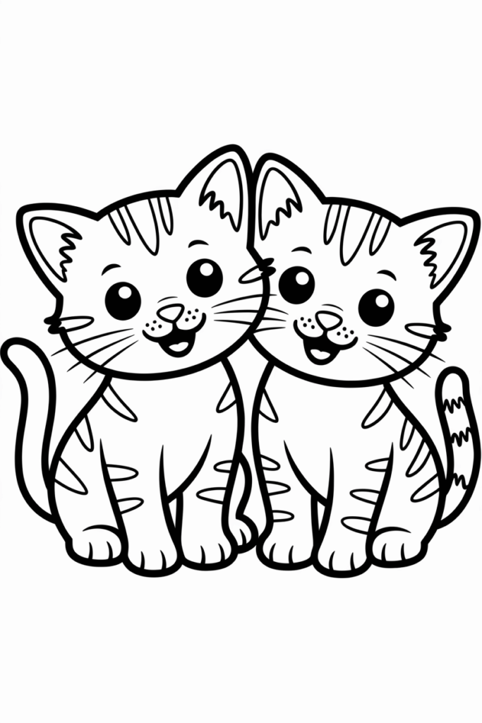 Two smiling kittens sitting together, ready for coloring.