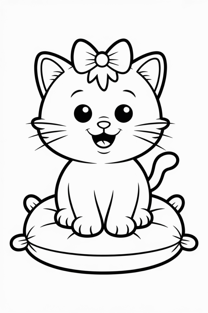 Cute cat sitting happily on a soft pillow, perfect for coloring.