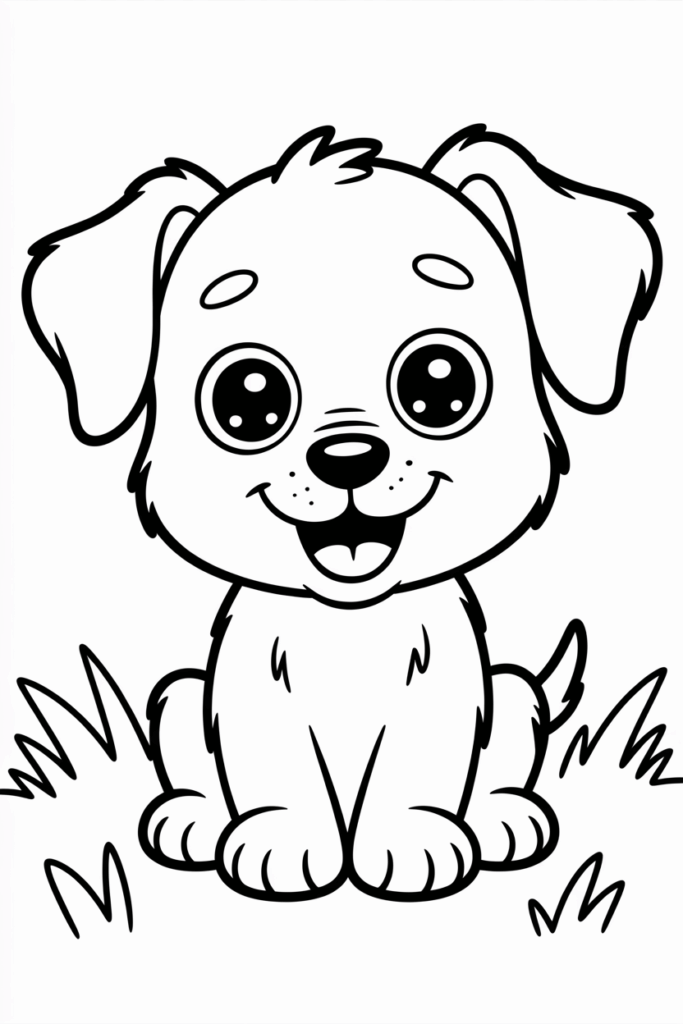 Cute puppy sitting on the grass – dog coloring page for kids.