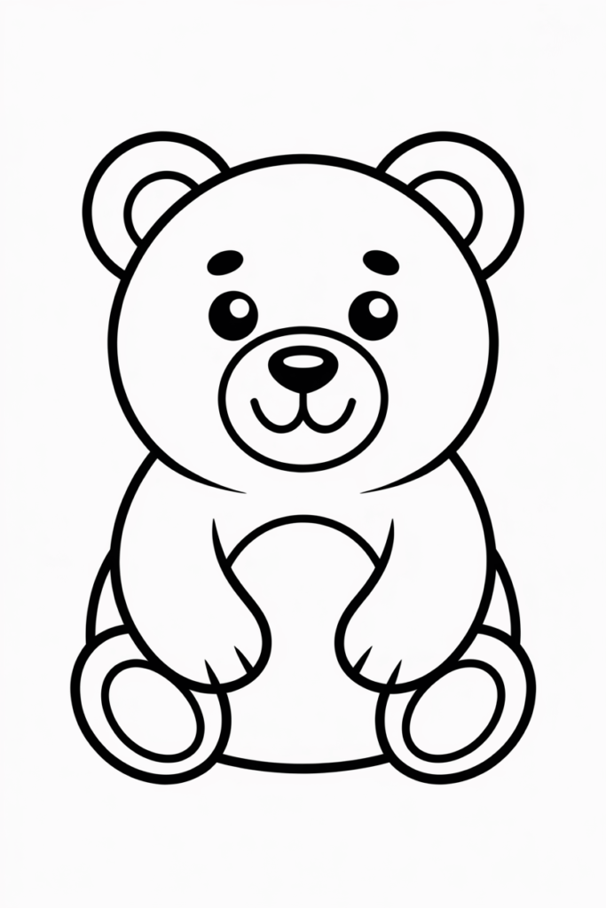 Cute cartoon bear sitting and smiling – simple bear coloring page for kids.