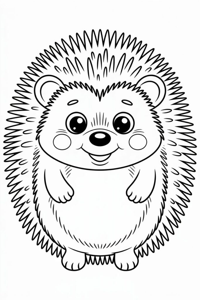 Cute happy hedgehog coloring page with clean outlines and big eyes, perfect for young kids to color.
