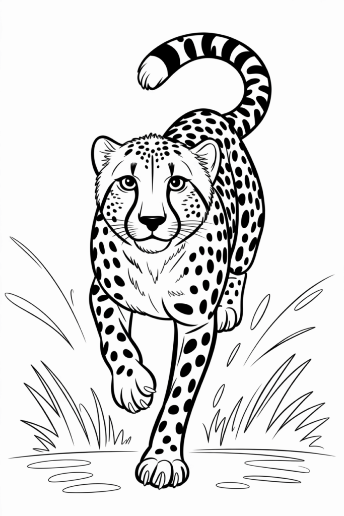 Running cheetah in the wild, exciting and easy-to-color page for kids.