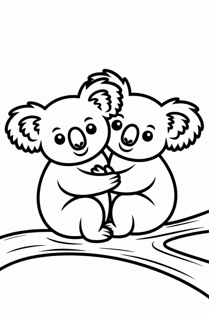 Two koalas hugging coloring page, cute and easy for children.