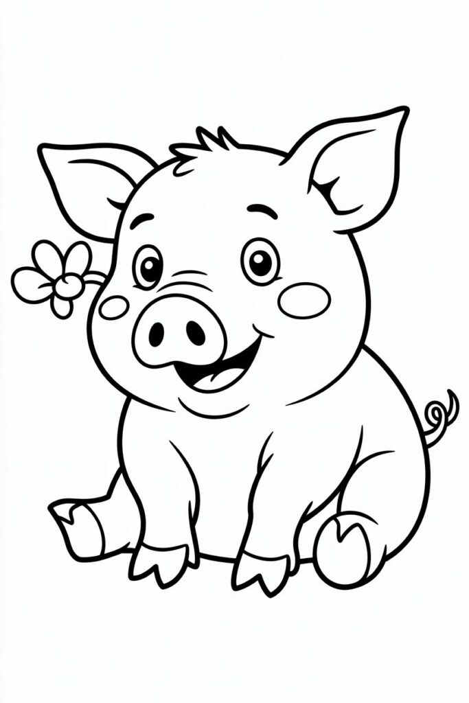 Happy Pig Sitting With Flower Coloring Page