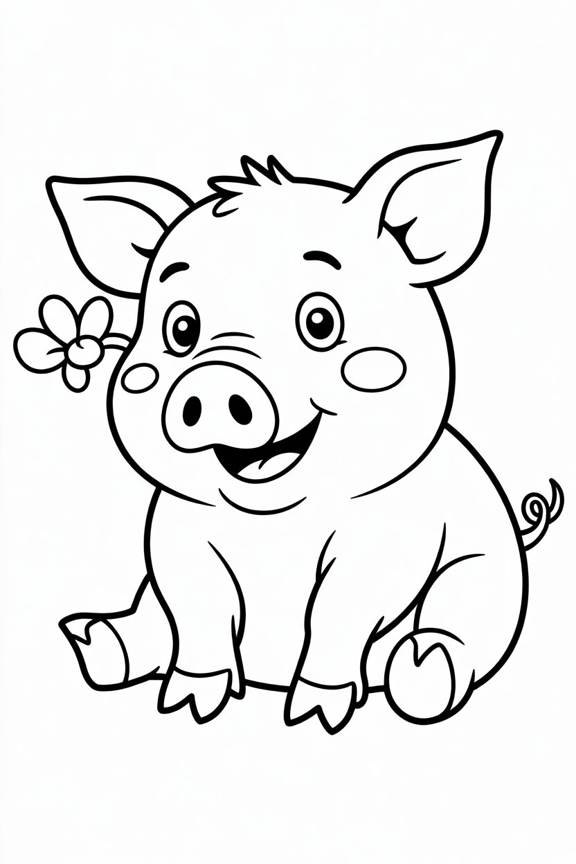 Happy Pig Sitting With Flower Coloring Page