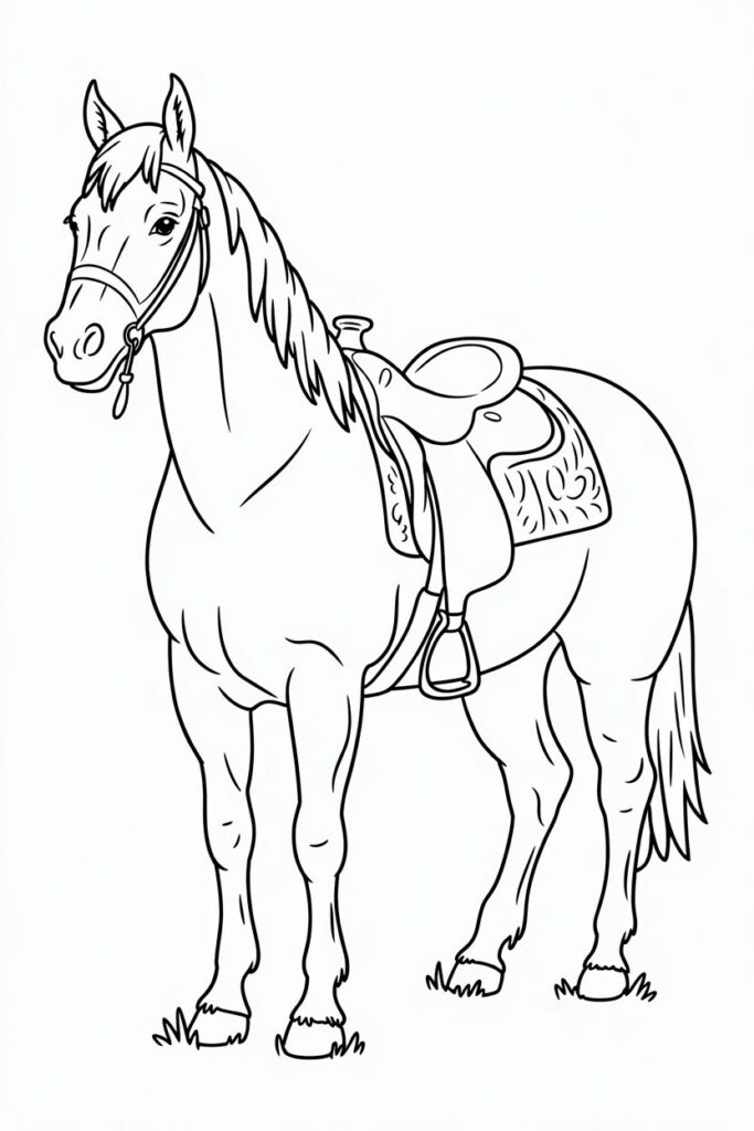 Calm Horse with Saddle Ready to Ride