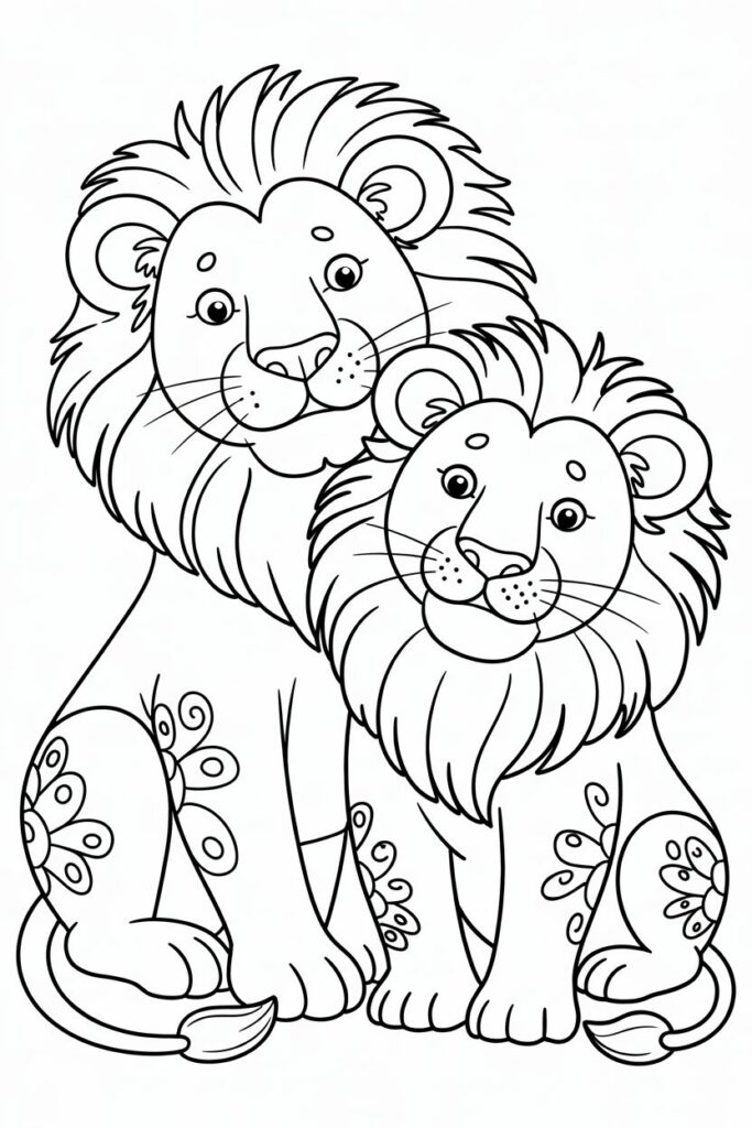 Two Friendly Lions Coloring Page