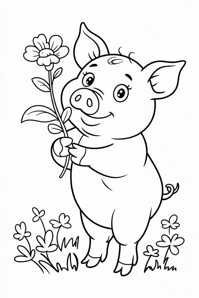 Pig Holding a Flower Coloring Page